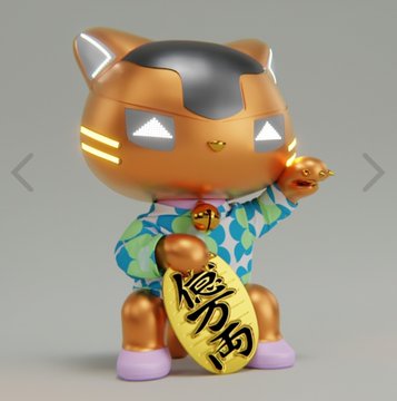 A glossy, copper-toned robotic cat collectible figure with a black-tipped tail and glowing eyes, dressed in a blue and green checkered happi coat, holds a large golden koban (coin) inscribed with "億万両" (100 million ryo). The image appears to be a decorative or stylized mascot tied to the post's discussion about in-game item durability loss rates and economy in #SyFu, possibly serving as a thematic avatar or branding element rather than directly illustrating the gameplay statistics mentioned.
