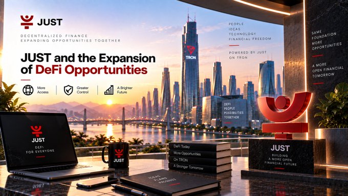 A promotional advertisement for JUST cryptocurrency, featuring the tagline 'JUST and the Expansion of DeFi Opportunities' alongside images of a laptop, coffee mug, and books set against a cityscape backdrop.