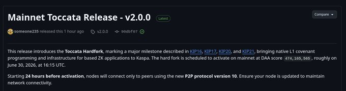 The image shows a screenshot of a webpage that contains information about a mainnet Tocata release, which has been recently updated. The title of the webpage reads "Mainnet Tocata Release - v2.0.0", indicating that this is a new release and an invitation to watch multiple videos about running Kaspa nodes with this update on various operating systems.