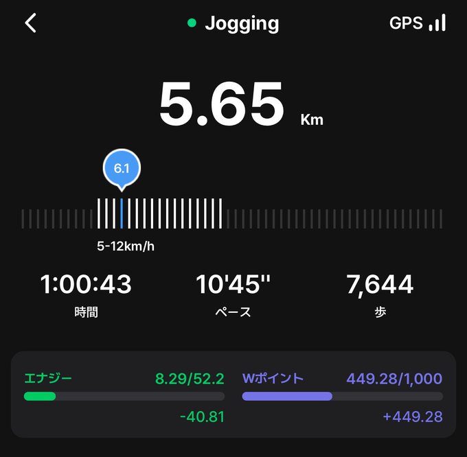A dark-themed fitness app screen showing a 5.65 Km jog in progress, with a time of 1:00:43, a pace of 10'45", and 7,644 steps.