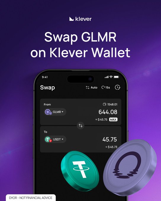 The image shows an iPhone screen displaying information related to a wallet, specifically a Klever wallet. The phone's display features a green and purple cryptocurrency token with the text "Swap GLMR on Klever Wallet" written above it. Below this, there is a list of coins that are currently in the wallet, along with their respective values. The image also includes a small watermark at the bottom that reads "DYOR. @MoonbeamNetwork".