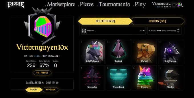The image displays the Pixie Chess marketplace profile for user "Victornguyen10x" showing a Rating of 2116, 670K+ Points, a 67% win rate, and 8 collected pieces including Anti Violence, Basilisk, Camel, and Knightmare. This aligns with the post announcing Pixie Chess's official mobile launch and $5.2 million funding, as the marketplace interface demonstrates the game's NFT collection and trading features now accessible on mobile devices.