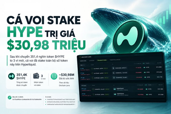 A Vietnamese promotional graphic for Hyperliquid whale staking reads “CÁ VOI STAKE HYPE TRỊ GIÁ $30,98 TRIỆU,” showing 351.4K HYPE, 3 validator days, and roughly $30.98M rewards.