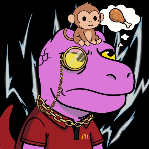 A cartoon illustration of a purple dinosaur-like character wearing a monocle and gold chain, with a small monkey sitting on its head dreaming of a chicken drumstick against a black background with lightning bolts.