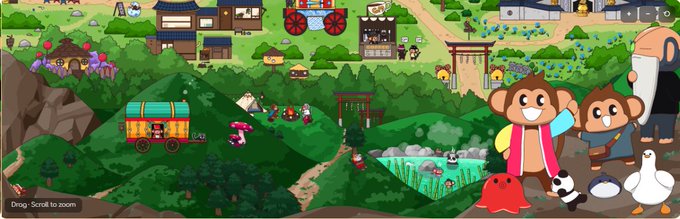 A colorful 2D illustrated map/game scene featuring a forest, pond, traditional Asian-style buildings, and cartoon monkey characters in the foreground, with 'Drag. Scroll to zoom.' visible in the bottom left.