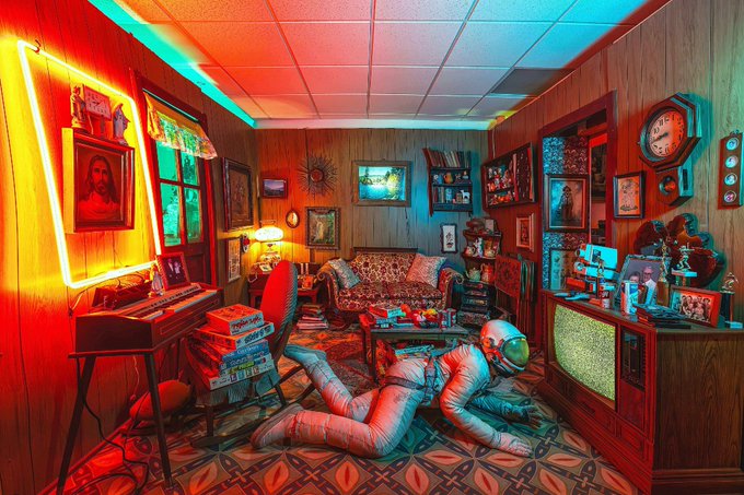 A retro, neon-lit vintage room featuring an astronaut figure lying on the floor, surrounded by eclectic decor including a CRT television, a patterned couch, neon signs, wall art, and warm orange and cyan lighting.