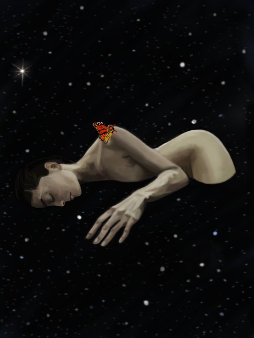 An image of a figure swimming through the stars with a butterfly on it's shoulder. "Good morning, Between Two Eternities 4/6 ▪︎▪︎ 10 $XTZ" suggests this may be part of a limited release. The figure could be an angel or a sci-fi figure who is exploring the universe. $XTZ likely is a reference to the coin symbol for Tezos, as the a figure seems to be floating in outer space like an astronaut. This is the fourth in a collection of six portraits.