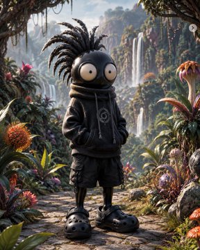 An AI-generated illustration of a character with dreadlocks and wide cartoonish eyes wearing a hoodie, standing in a lush jungle with waterfalls.