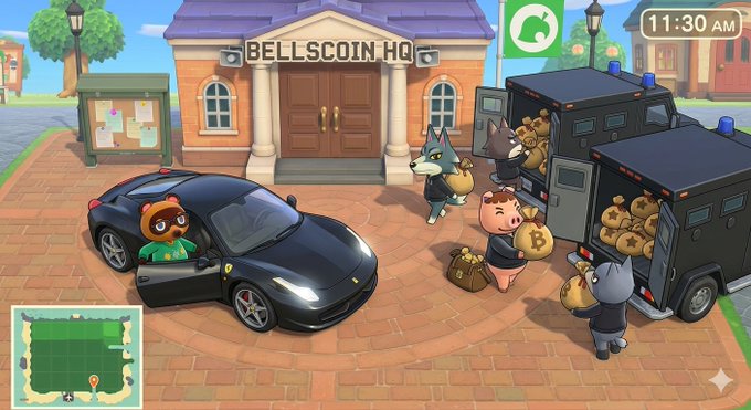 The image features a black sports car parked outside of an old brick building, with several people standing around it. One person is holding a large amount of money, while another person has a teddy bear. The scene appears to be set in a town or city environment, and there are two clocks visible in the background. A post on social media reads "A real Bellscoiner never stop building his bag", which seems to be related to the car and its owner.

The image also contains several other small objects such as a handbag, a teddy bear, and a clock. The presence of these items suggests that this scene could be part of an advertisement or promotional material for Bellscoiner's products.