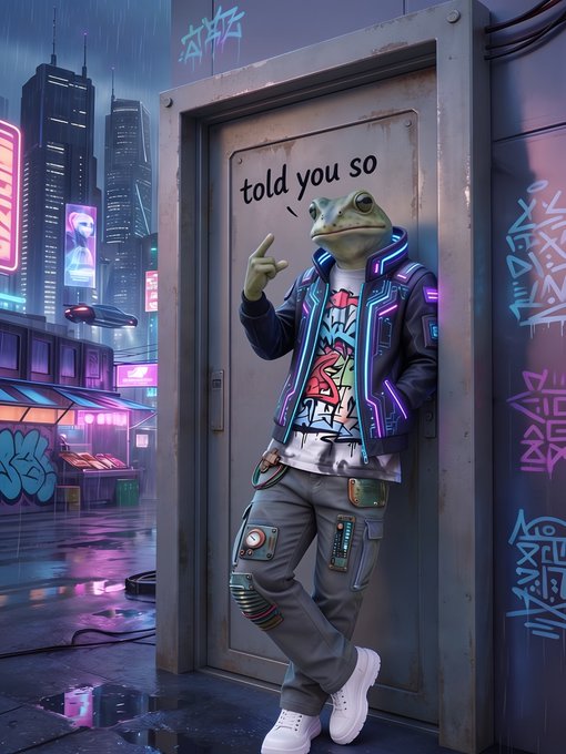A cyberpunk-style digital artwork of a humanoid frog character wearing a graffiti-patterned jacket and tech-wear, leaning in a doorway with the text 'told you so' appearing as graffiti, set against a rainy neon cityscape.