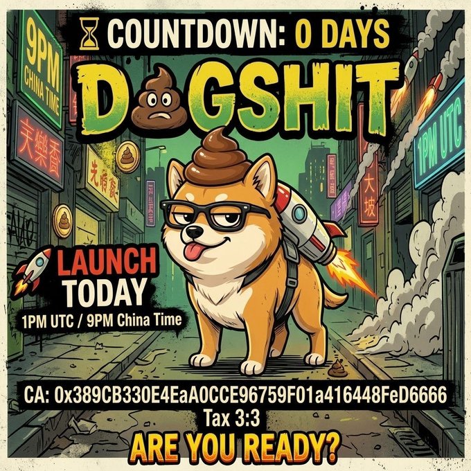 A cartoon-style meme crypto launch poster for 'DOGSHIT' featuring a Shiba Inu dog wearing glasses with a rocket on its back and a poop emoji on its head, with 'COUNTDOWN: 0 DAYS', 'LAUNCH TODAY 1PM UTC / 9PM China Time', contract address 'CA: 0x389CB330E4EaA0CCE96759F01a416448FeD6666', and 'Tax 3:3'.