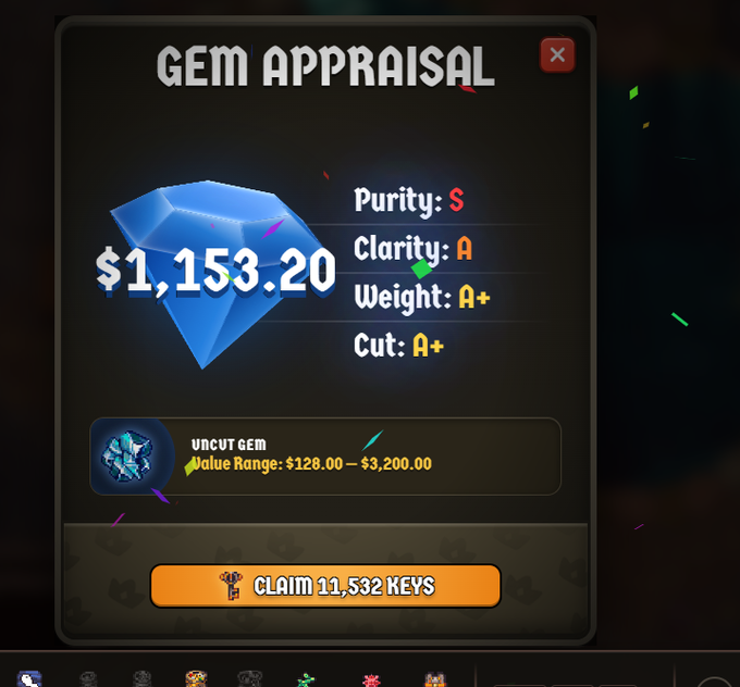 A 'GEM APPRAISAL' screen displaying a blue gem valued at $1,153.20 with Purity S, Clarity A, Weight A+, and Cut A+ ratings, offering 11,532 keys to claim.