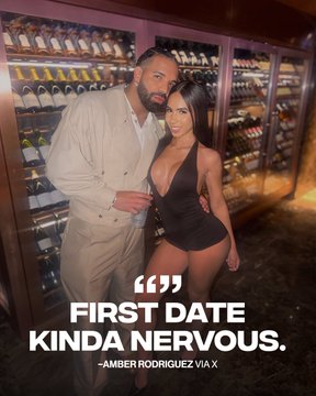 Amber Rodriguez poses with a man in a wine cellar; text quotes her saying 'FIRST DATE KINDA NERVOUS.'