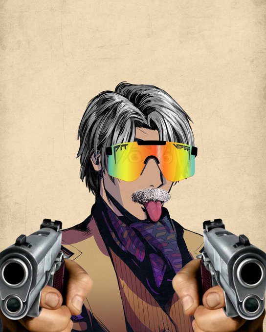 A comic-book style illustration portrays a grey-haired man wearing sunglasses with the letters 'TIPER', sticking his tongue out while pointing two handguns directly at the viewer.