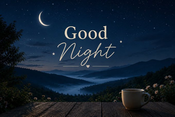 A serene nighttime landscape features a starry sky with a crescent moon over misty mountains and forested hills, with a steaming coffee mug on a wooden surface in the foreground. The text "Good Night" is elegantly displayed in the sky, accented with small stars and a heart. The cozy, quiet imagery complements the post's message about digital privacy and BeldexCoin's privacy-focused browser, evoking a sense of winding down for the night while reflecting on online footprints.