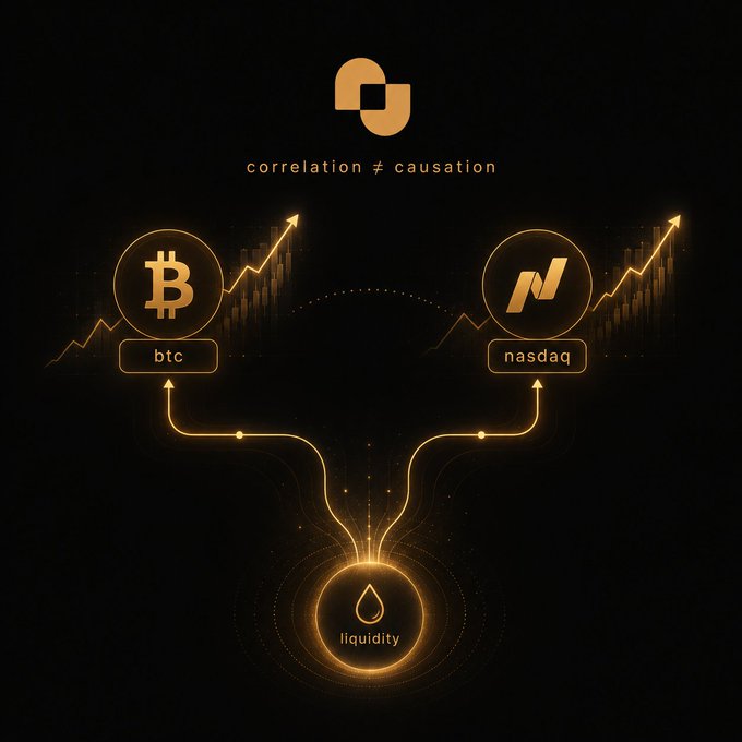An infographic illustrating 'correlation ≠ causation' with arrows showing both BTC and Nasdaq rising, fed by a central source labeled 'liquidity'.