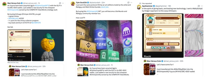 A collage of Twitter/X posts from various users including Man Versus Coin, Tyler DETH, and Alphhammer, discussing crypto topics such as Chiliz ($CHZ), CHAMPZ token airdrop on Binance, DelMundo, Wayfinder, and CHIPPISTRS TokenStorks, featuring images of a pepe character and crypto exchange logos.