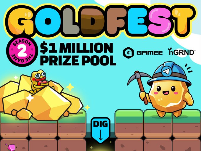 Promotional graphic for "GOLDFEST" Season 2 "The Game" featuring a $1 Million prize pool, with GAMEE and GRND logos, showcasing a cute miner character with a pickaxe and gold nuggets in a pixel-art style, highlighting a community event release by the Telegram-based studio during a quiet period in the TON/GRAM ecosystem.