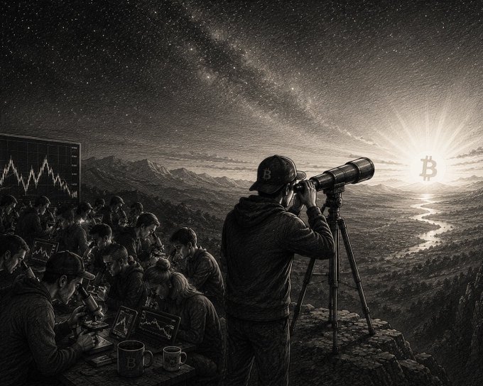 A black-and-white illustration depicting people using laptops and a telescope to observe a Bitcoin symbol rising over a landscape at sunset.