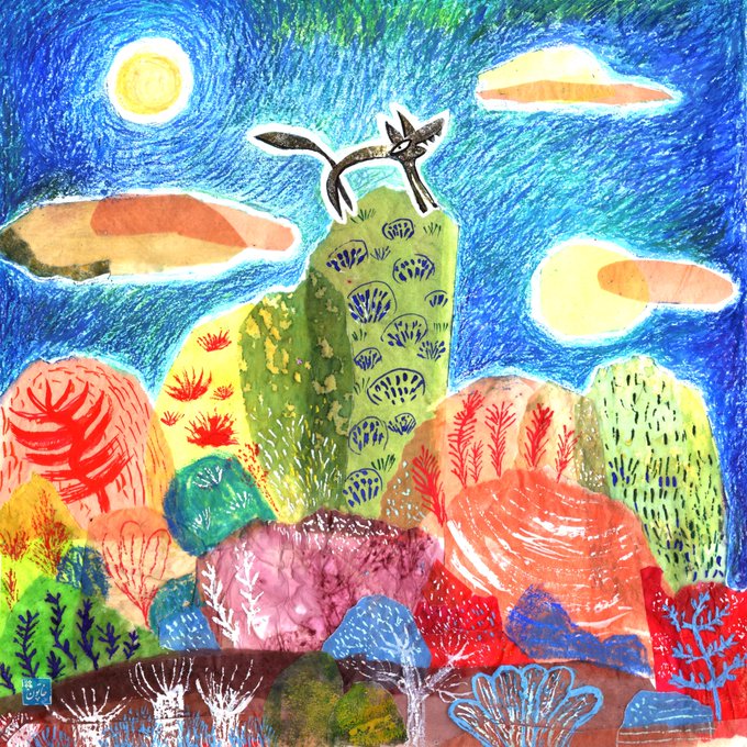 A colorful mixed-media landscape artwork featuring stylized hills, trees, and two birds flying against a textured blue sky with yellow suns.