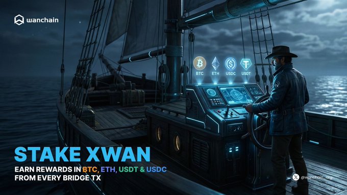 The image depicts a man standing at the helm of a ship illuminated with cryptocurrency symbols, alluding to the digital theme of the Wanchain advertisement. The captain's position at the wheel and the digital glow of various cryptocurrencies like BTC, ETH, USDT, and USDC on the ship's console serves as a metaphor for navigating the complex waters of cryptocurrency staking. The key text on the image, 'STAKE XWAN', along with the promotional post, highlights that by staking the WAN token as xWAN, one can engage with BridgeFi to receive payouts from every transaction across the Wanchain bridge, an opportunity described as potentially the platform's most powerful feature.
