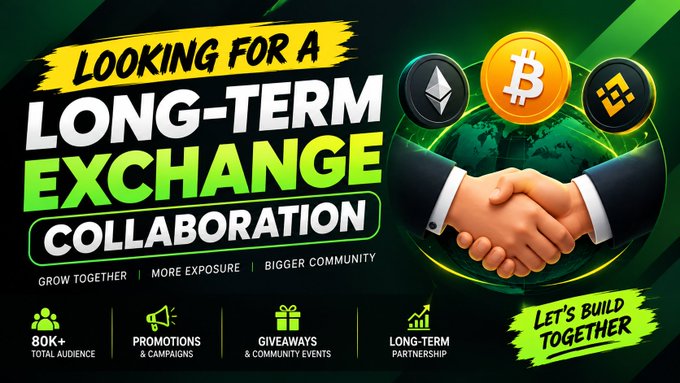 The image is a promotional graphic titled "Looking for a Long-Term Exchange Collaboration," featuring logos for Bitcoin, Ethereum, and Binance, alongside a handshake symbol over a globe. It highlights an offer for crypto exchanges with an 80K+ total audience, promotion campaigns, giveaways, community events, and long-term partnership opportunities under the tagline "Let's Build Together." The visual reinforces the post's pitch for a sustained promotional partnership with a crypto exchange, emphasizing mutual growth, exposure, and community engagement.