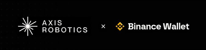 The image displays a promotional banner featuring the Axis Robotics logo alongside the Binance Wallet logo, separated by a multiplication symbol to indicate a partnership. The announcement highlights a 30-day Binance Wallet campaign where users can participate to earn a total of 1,500,000 AXIS points in rewards.