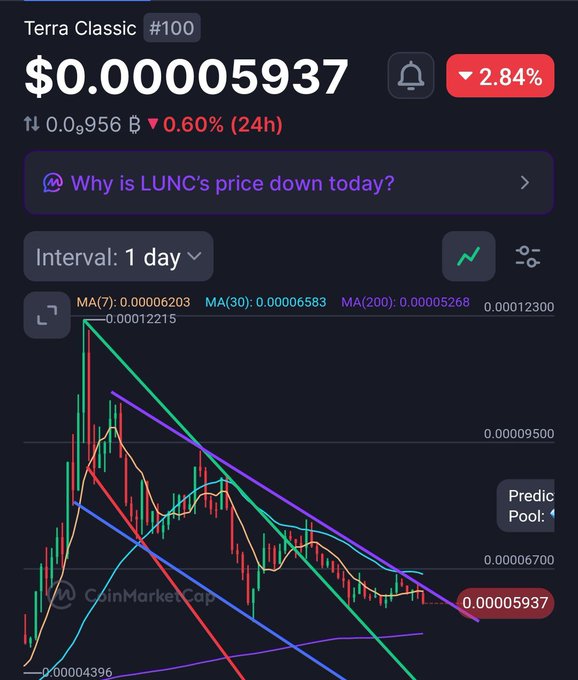 CoinMarketCap-style price chart for Terra Classic (LUNC #100) showing a price of $0.00005937, down 2.84% and 0.60% over 24h, with an AI insight asking 'Why is LUNC's price down today?'.