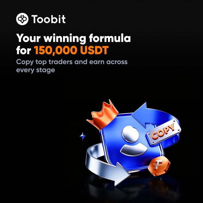 The image is a Toobit promotional graphic featuring a 3D blue puzzle-piece logo wearing an orange crown and labeled "COPY," alongside text announcing "Your winning formula for 150,000 USDT" and encouraging users to "Copy top traders and earn across every stage." The crown and "COPY" label visually reinforce the post's message about copy trading top performers to share in the 150,000 USDT reward pool.