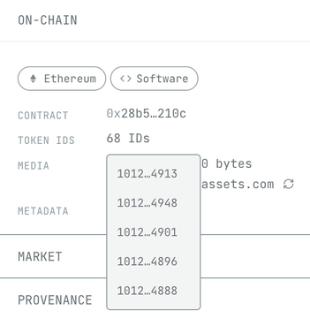 The image shows an on-chain details panel for a digital artwork, highlighting the "Token IDs" field which lists 68 IDs (e.g., 1012...4888, 1012...4896, etc.) for an Ethereum-based software contract (0x28b5...210c), illustrating how the platform aggregates 68 distinct ERC-721 token editions onto a single artwork page.