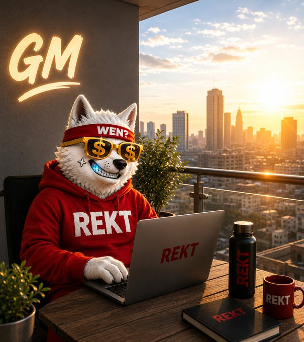 A stylized AI-generated image depicts an anthropomorphic wolf wearing a red 'WEN?' headband, dollar-sign sunglasses, and a 'REKT' hoodie, typing on a laptop labeled 'REKT' with matching merchandise on the table, set against a sunset cityscape with a 'GM' neon sign.