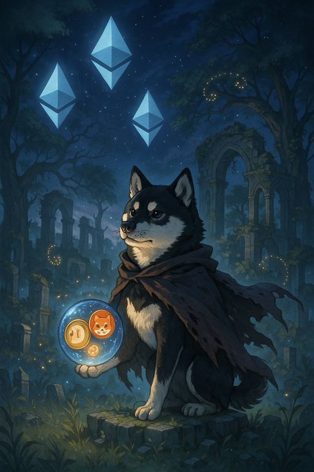 A black and white dog wearing a cloak holds a glowing orb containing $MANYU coin symbols, set against a mystical night scene with floating Ethereum diamonds and ancient ruins. The image visually celebrates the $MANYU community by depicting them as heroic guardians of the token in an enchanted setting.
