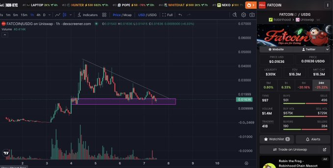A TradingView chart of FATCOIN/USDT on Uniswap displays the token's price action forming a horizontal base around $0.01636, with a 5.10% gain noted and the accompanying analysis highlighting accumulation by "fat holders" growing from 2,000 to 4,000 during this consolidation phase.