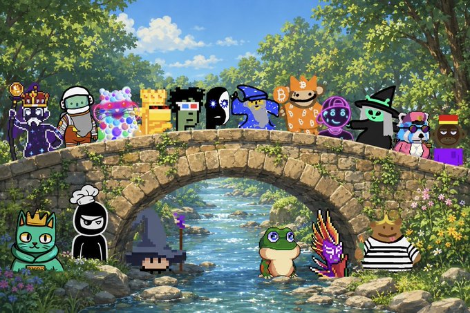 A vibrant pixel-art scene featuring various NFT-style characters—including a king, soldier, Bitcoin mascot, witch, frog prince, and others—gathered on and around a stone bridge over a flowing stream in a lush, sunlit forest.