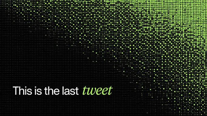 A black graphic with green pixelated dots reads 'This is the last tweet' in white and green text.