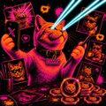 A pixel-art character with glowing cyan eyes sits at a casino table surrounded by dice, cards, and stacks of chips, wearing a crown to assert dominance over the gambling scene—visually reinforcing the "$BOSSCAT in CONTROL" message by depicting the feline mascot ruling its domain.