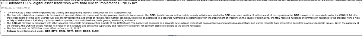 The image is a news headline and summary stating that the OCC issued a final rule implementing the GENIUS Act, setting requirements for permitted payment stablecoin issuers and custody activities under OCC supervision; it also says the rule takes effect January 18, 2027. It lists related tickers $BTC, $MSTR, $COIN, $HOOD, and $BLSH, complementing the accompanying post that adds $ETH and $CRCL.