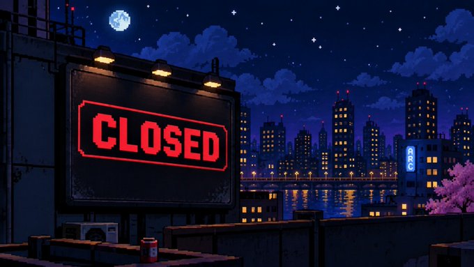 A pixel-art nighttime cityscape features a large illuminated sign displaying "CLOSED" in bold red letters, with a moonlit skyline of lit skyscrapers and a glowing "2023" neon sign in the background. The image visually reinforces the post's announcement that a whitelist is closed, mirroring the literal "CLOSED" message while the city lights suggest missed opportunities for those left out.