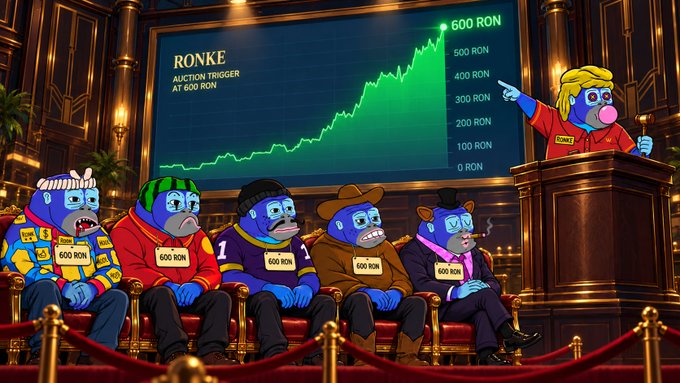 A satirical cartoon depicting SpongeBob-style characters in an auction setting, with a chart titled 'RONKE' showing 'AUCTION TRIGGER AT 600 RON' and various bidders wearing tags marked '600 RON'.