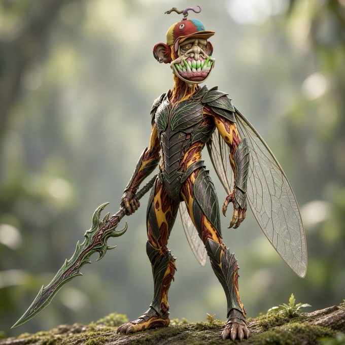 A detailed fantasy illustration of a menacing, winged humanoid creature with a wide, toothy grin, holding a jagged sword in a forest setting.
