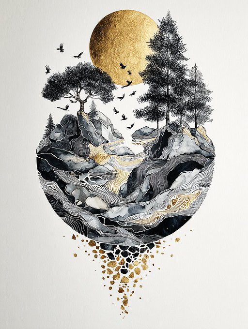 An artistic illustration featuring a gold circular moon above a black-and-white landscape of trees, rocks, and water, with birds flying, all contained within a drop-like shape.