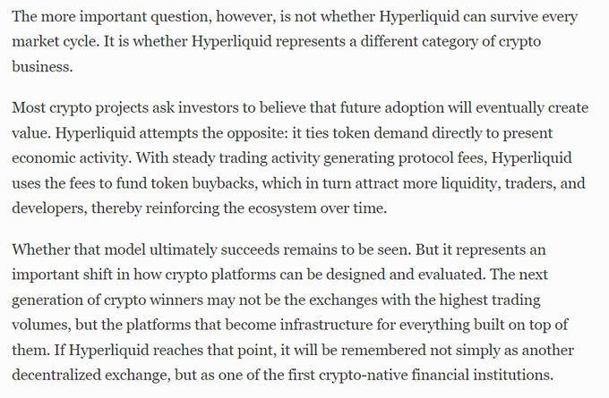 A passage of text discussing the crypto business Hyperliquid, noting how it ties token demand to economic activity through trading fees funding buybacks, potentially making it crypto-native infrastructure.