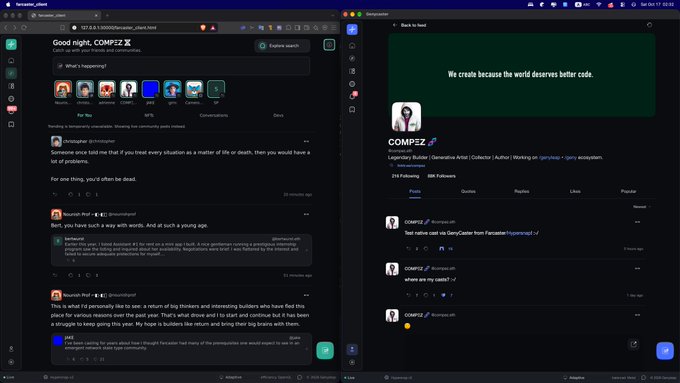 A screenshot of a split-screen computer interface showing the 'COMPZ' AI chatbot on xAI's Grok interface (left) and a Discord community page (right).