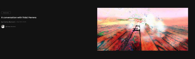 A webpage header showing 'A conversation with Vidal Herrera' by Corzo Bonfigt, paired with a colorful, abstract digital landscape artwork featuring a bridge over a multicolored terrain.