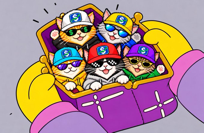 A colorful digital illustration shows five cats wearing baseball caps with the Shopee logo and sunglasses, packed inside a purple box held by yellow-gloved hands.