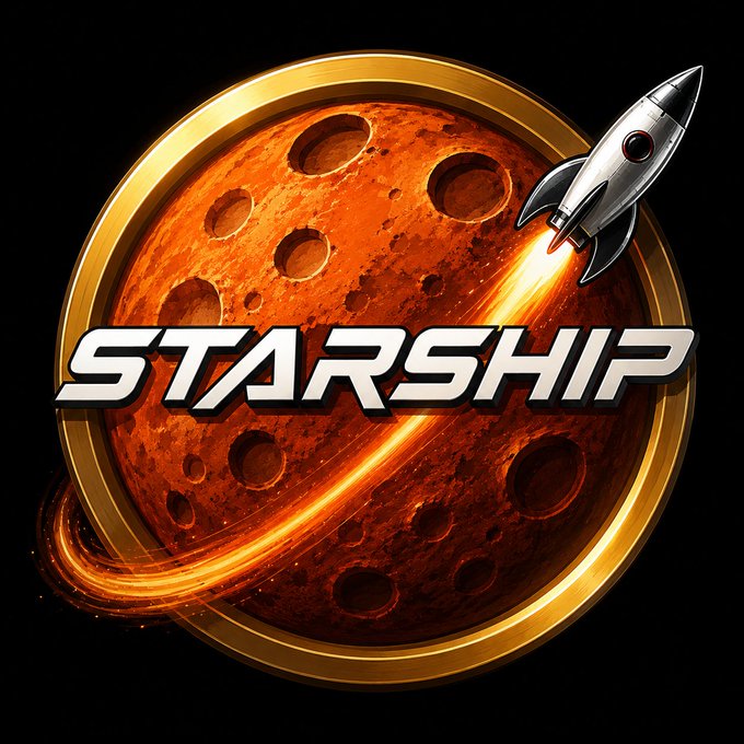 A logo or graphic featuring the word 'STARSHIP' in stylized white text across a circular orange, cratered planet-like background framed in gold, with a silver rocket ship blasting off diagonally across the design.