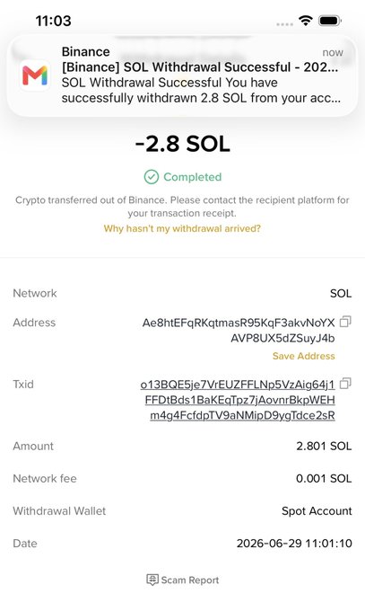 A Binance notification confirms a successful withdrawal of 2.8 SOL (~2.801 SOL after a 0.001 SOL network fee) to address Ae8htEfqRKqtmasR95KqF3akvNoYXAVP8UX5dZ5uyJ4b, dated 2026-06-29. The screenshot serves as "proof" for the post's claim of sending $200 in SOL to a lucky follower, lending apparent legitimacy to the giveaway solicitation.