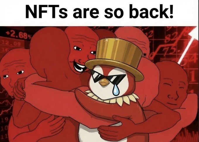 The image features a meme of red figures excitedly embracing a sunglasses-wearing penguin in a gold hat, with the caption "NFTs are so back!" overlaid on a background of rising stock charts showing "+2.68%" and numbers like "82" and "75." The humor contrasts the meme's enthusiastic declaration of an NFT comeback with the post's revelation that they're actually down 90% from their all-time highs, highlighting the absurdity of celebrating a minor bounce in a severely crashed market.