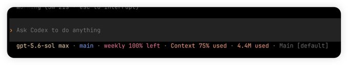 A screenshot of a Codex command-line interface displaying the prompt 'Ask Codex to do anything' with status text at the bottom reading 'gpt-5.2-sol max · main · weekly 100% left · Context 75% used · 4.4M used · Main [default]'.