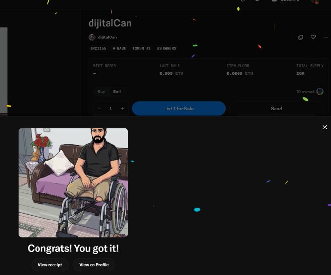 The image shows an NFT purchase confirmation on OpenSea for a "djitalCan" token on the BASE network, featuring an animated-style illustration of a bearded man in a wheelchair, with a "Congrats! You got it!" message. This NFT appears to be part of a fundraising effort to help the depicted earthquake survivor obtain a prosthetic foot, as indicated by the linked OpenSea item on the BASE blockchain.